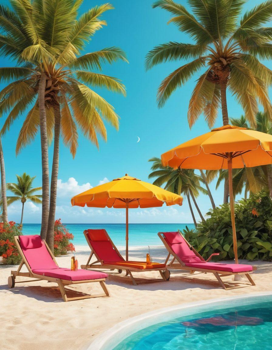 A vibrant beach scene featuring stylish men in fashionable swimwear, lounging under colorful umbrellas, playing beach volleyball, and enjoying refreshing drinks. The scene should include accessories like sunglasses, straw hats, and flip-flops, with a backdrop of crystal-clear water and palm trees. The colors should be bright and summery, evoking warmth and relaxation. super-realistic. vibrant colors. 3D.
